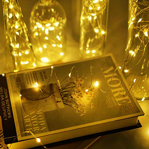 Decorman Wine Bottle Lights with Candle Flame, 10 Pack 20 LED Flameless Cork String Light Battery Operated Copper Wire Mini Fairy Starry Lights for Party Wedding Christmas Halloween