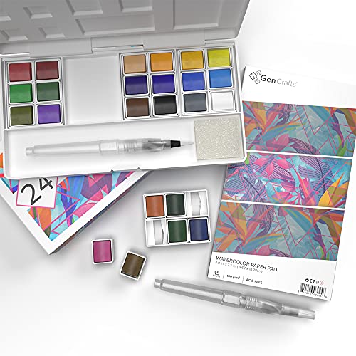 GenCrafts Watercolor Palette with Bonus Paper Pad 24 Premium Colors - 2 Refilable Water Brush Pens - 15 Sheets of Water Color Paper - Portable Painting