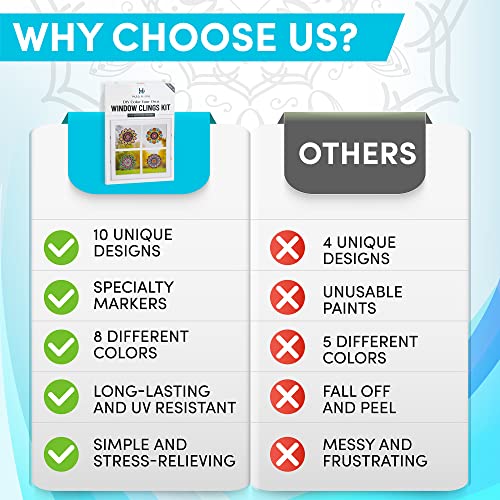 Hula Home Stained Glass Mandala Art Kit - DIY Window Clings with Markers, 10 Suncatchers - Perfect Hobby for Adults, Kids, Teens & Seniors - Ideal Gift for Beginners, Women & Elderly