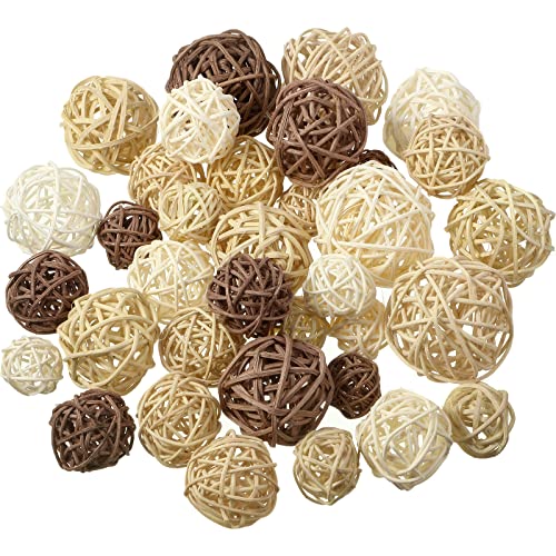 36 Pcs Wicker Rattan Balls Decorative Balls for Centerpiece Bowls Orbs Vase Fillers for Halloween Fall Craft, Wedding Party, Potpourri Decoration, 4 Sizes (White, Wood Color, Light Tan, Coffee)