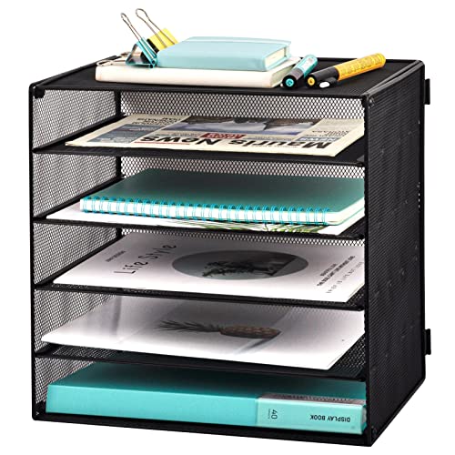 EASEPRES 5 Slot Desk Organizer Tray, Mesh File Paper Letter Tray Desktop Paper Sorter Literature Organizer Rack for Home, Office, or School, Black