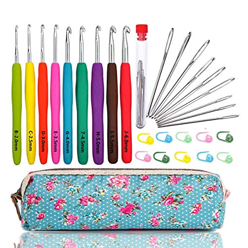 WooCrafts Large-Eye Blunt Needles Yarn Knitting Plus Crochet Hooks Set with Case for Arthritic Hands, Ergonomic Handle. Best Gift!
