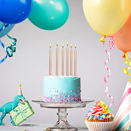 24 Count Party Long Thin Cake Candles Metallic Birthday Candles in Holders for Birthday Cakes Cupcake, Champagne Gold