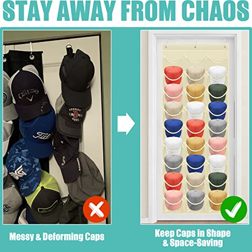 Hat Rack 27 Pockets - Hat Organizer For Baseball Cap - Hat Racks For Baseball Caps Hat Holder Hanging Over The Door Closet, Hat Storage With Large Clear Pockets & 3 Hooks For Baseball Cap& Cowboy Hat
