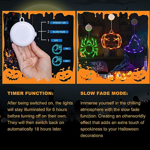 LOLStar Halloween Decorations 3 Pack Orange Pumpkin Green Spider Purple Witch Hat Halloween Window Lights with Suction Cup Battery Operated Halloween Lights, 2023 Upgrade Slow Fade Mode Timer Function