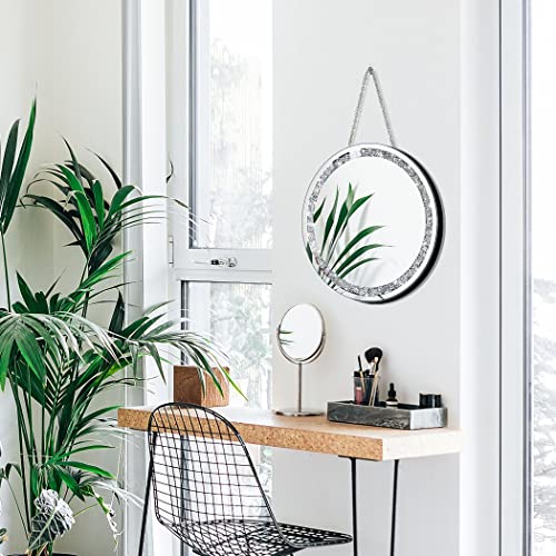 QMDECOR Crush Diamond 12 inch Wall-Mounted Mirrors with Iron Chain Home Decoration Round Silver Crystal Sparkling Decorative Mirror
