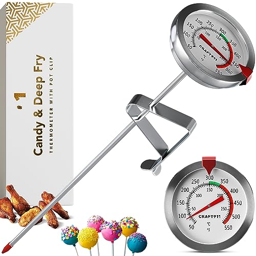 CRAFT911 Candy Thermometer with Pot Clip - Deep Fry Oil Thermometer for Frying - Cooking Thermometer for Frying Oil Candle Making Hot Oil Deep Fryer Thermometer 8" Side of Pot Thermometer