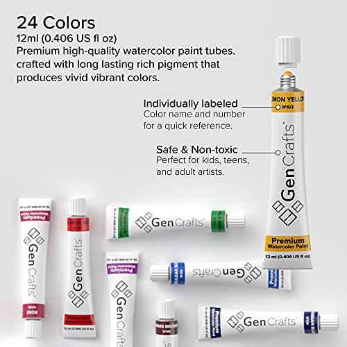 GenCrafts Watercolor Paint 24 Colors Set 12ml/ 0.4oz. - Quality Non Toxic Pigment Paints for Canvas, Fabric, Crafts, and More