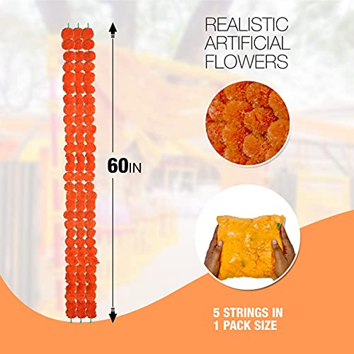 Krati Exports 5 PC - 5 feet Marigold Garland |Indian/American Wedding Party Mantle Decoration, Faux Garlands Wedding Garland, Diwali Decoration, Spring Bush Floral! (Orange)