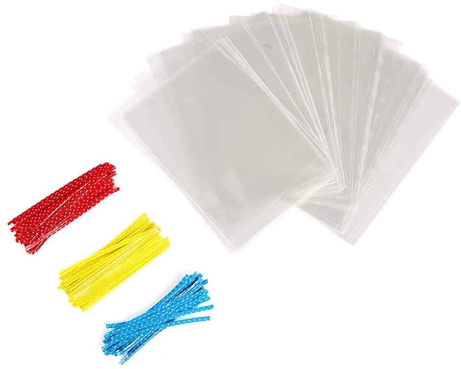 Brandon-super 100 Pcs 8 in x 6 in Clear Flat Cello Cellophane Treat Bags Good for Bakery,Popcorn,Cookies, Candies,Dessert, Birthday 1.4mil.Give Metallic Twist Ties!