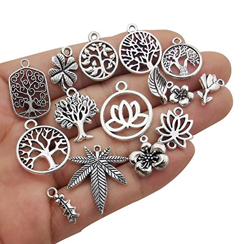 Youdiyla 100pcs Mix Silver Tree Flower Charms Collection, Bulk Mini Small Little Charms Metal Pendant Craft Supplies Findings for Necklace and Bracelet Jewelry Making (HM291)