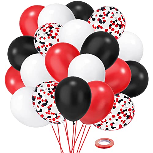 Red and Black Latex Balloons, 50 Pack 12 inch Black White Red Confetti Party Balloons with Ribbons for Birthday Graduation Wedding Bridal Shower Party Decoration