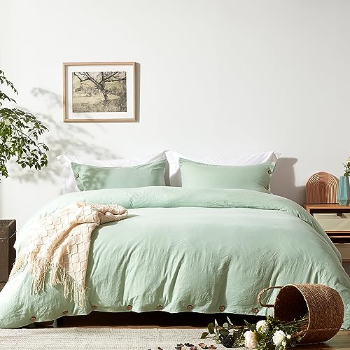 NexHome Light Green Duvet Cover Sets Queen Size 3 Piece Double Brushed Microfiber Queen Duvet Cover with Button Closure & Corner Tie 1 Breathable and Soft Duvet Cover 90x90 inches + 2 Pillow Shams