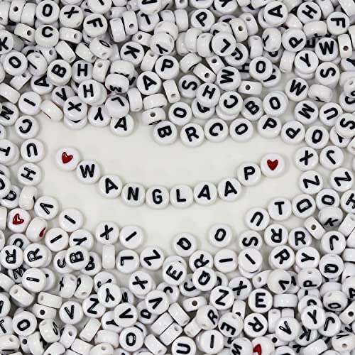 WangLaap 1450Pcs Letter Beads, Acrylic 4x7mm Round Letter Beads Kits, Alphabet Beads A-Z and Red Heart Black Star Beads for Bracelets Necklaces DIY Jewelry Making (White)