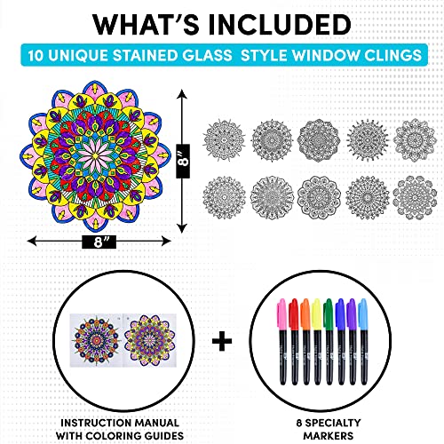 Hula Home Stained Glass Mandala Art Kit - DIY Window Clings with Markers, 10 Suncatchers - Perfect Hobby for Adults, Kids, Teens & Seniors - Ideal Gift for Beginners, Women & Elderly