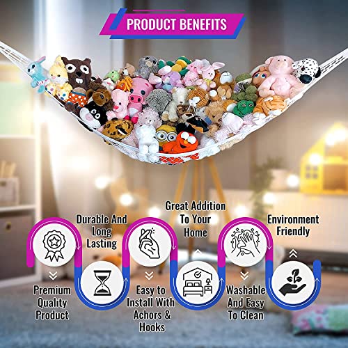 Lilly's Love Large Stuffed Animal Net Hammock for Plushie Toys | Corner Hanging Organizer for your Teddy and Stuffy Collection | Easy to Hang w/Included Anchors & Hooks (White)