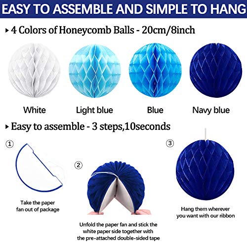 Navy Blue Party Decoration,23Pcs Hanging Paper Fans,Pom Poms Flowers,Garland String Polka Dot and Triangle Bunting Flag Packs for Boy Birthday, Bridal Shower,Baby Boy Showers,Wedding