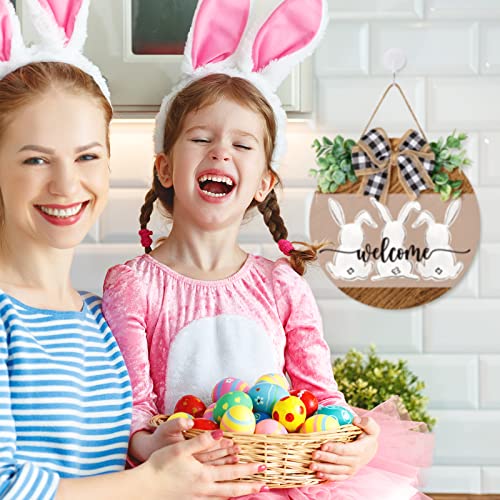 Whaline Easter Wooden Hanging Sign Bunny Rabbit Welcome Sign Door Decoration with Bow Rustic Easter Wood Wreath Sign for Easter Spring Holiday Home Coffee Shop Bakery Farmhouse Window