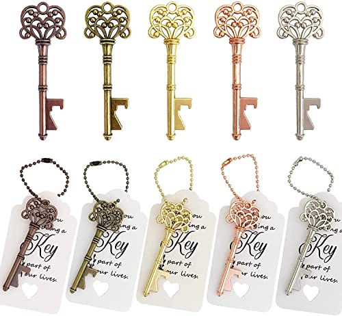WODEGIFT 100 PCS Wedding Favors Key Bottle Openers,Bridal Shower Party Favors,Vintage Skeleton Key, Rustic Wedding Favors Decoration (5 colors mix and match)