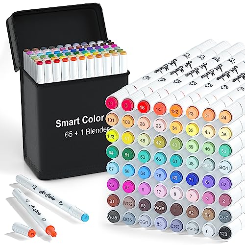 Art Markers, 65 Coloring Markers and 1 Blender, 66 Pack Alcohol Based Dual Tip Permanent Markers Highlighters with Case, Excellent for Adults Kids Coloring Marking Drawing Sketching by Smart Color Art