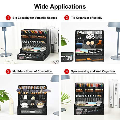 Marbrasse Mesh Desk/ Desktop Stationary Organizer, Multi-Functional Pen Holder, Storage Rack for School Home Office Art Supplies (Black Mesh Pen Holder with Drawer)