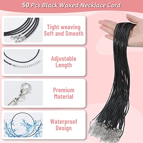 Necklace Cord, Paxcoo 50Pcs Black Necklace String Rope with Clasp, 24 Inch Black Waxed Cotton Cord Necklace Bulk for Charms Pendants, Bracelets, Necklaces, Jewelry Making Supplies and Beading Supplies
