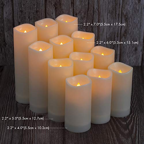 Aignis Flameless LED Candles with 10-Key Remote & Timer, Outdoor Indoor Waterproof Battery Operated Candles for Home/Wedding Décor, Exquisite Set of 12 (D2.2'' x H4''5''6''7'')