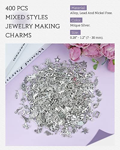 JIALEEY 400 PCS Wholesale Bulk Lots Jewelry Making Charms Mixed Smooth Tibetan Silver Alloy Charms Pendants DIY for Bracelet Necklace Jewelry Making and Crafting