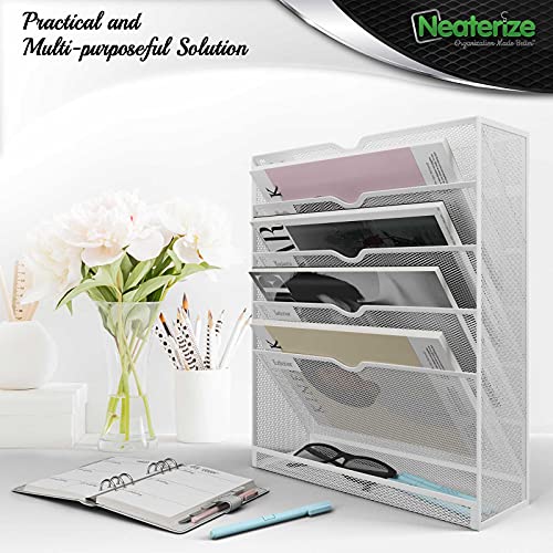 NEATERIZE Item Container, Mail Organizer for Wall, Mesh Hanging File Organizer, For Papers, Folders, Files Clipboard & Magazine Organization - Home, Office Classroom Or Doctor, Metal, White