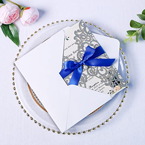 ponatia 20 PCS 5 x 7'' Silver Giltter Laser Cut Wedding Invitations with Envelopes for Wedding Party Bridal Shower Engagement Birthday Sweet 16 Invite - Silver Glitter with Royal Blue Ribbons
