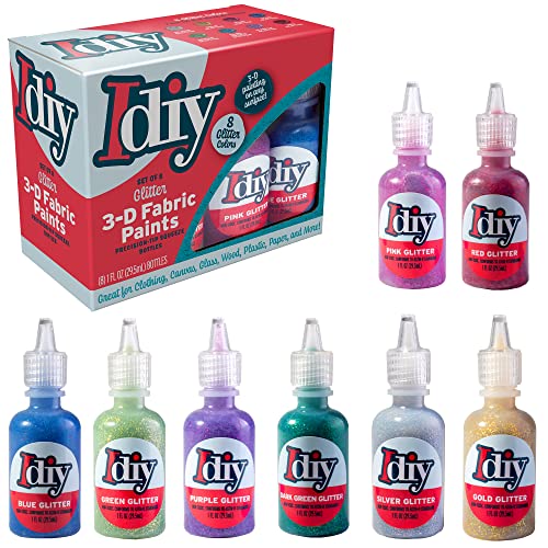 DIY Fabric Paints (8 GLITTER Colors)- 1oz bottles- Ultra Bright 3D Fabric T Shirt Clothing Soft Paint, Non-Toxic Water-Based, Washable, Permanent, Classroom, Kids Birthday Party Art Craft, Summer Camp