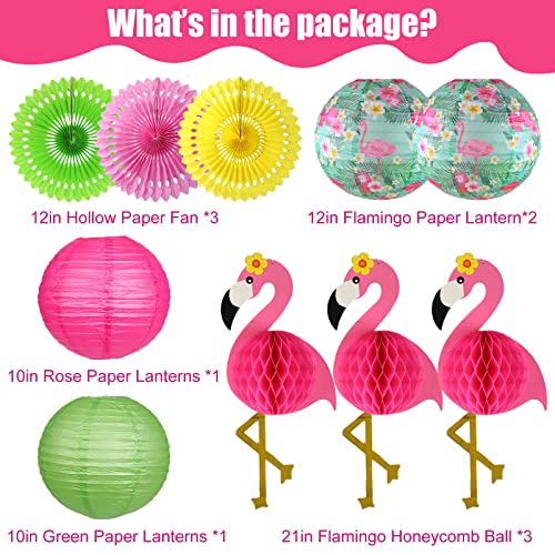 Flamingo Party Decorations, Hawaiian Party Supplies Flamingo Palm Leaves Hibiscus Flowers Paper Lanterns Flamingo Honeycomb Tissue Paper Fans for Luau Birthday Party Home Decorations (Hot Pink)