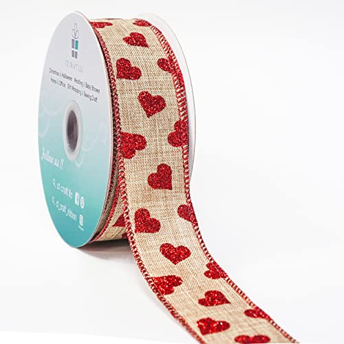 CT CRAFT LLC Faux Jute with Red Glitter Heart Wired Ribbon for Home Decor, Gift Wrapping, DIY Crafts, 1.5" x 20 Yards x 1 Roll