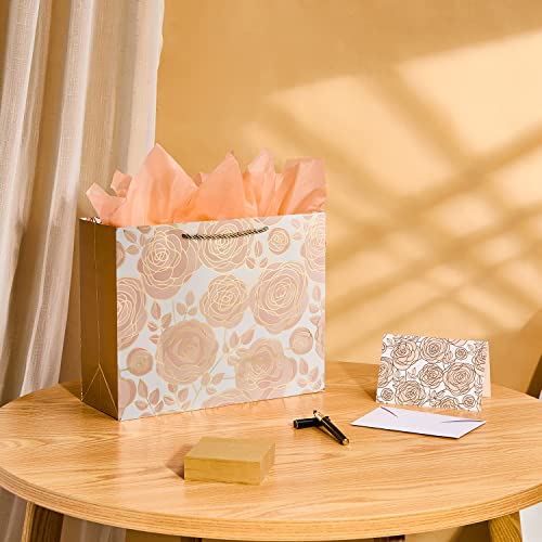 SUNCOLOR 13" Rose Gold Large Gift Bag with Card and Tissue Paper