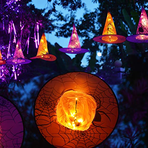 Twinkle Star Halloween Decorations 8 Pcs Lighted Hanging Witch Hats, 14ft 56 LEDs Halloween Indoor Outdoor Remote Control String Lights, Battery Powered with 8 Lighting Modes for Garden, Yard, Tree