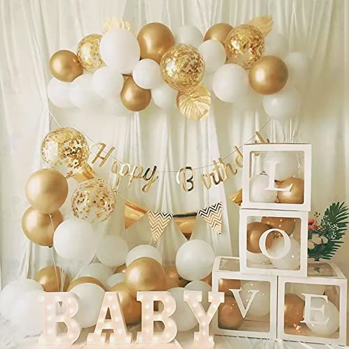 RUBFAC White Gold Balloons Garland Arch Kit with Gold Confetti Balloons for Baptism Wedding Birthday Party Decoration