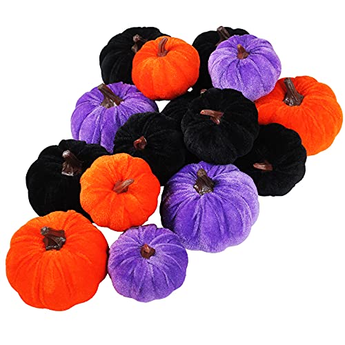 Set of 16 Assorted Faux Rustic Decorative Halloween Pumpkins Black Velvet Pumpkins Foam Pumpkins in Orange Purple Black for Farmhouse Fall Wedding Halloween Table Centerpiece Mantel Kitchen Decor