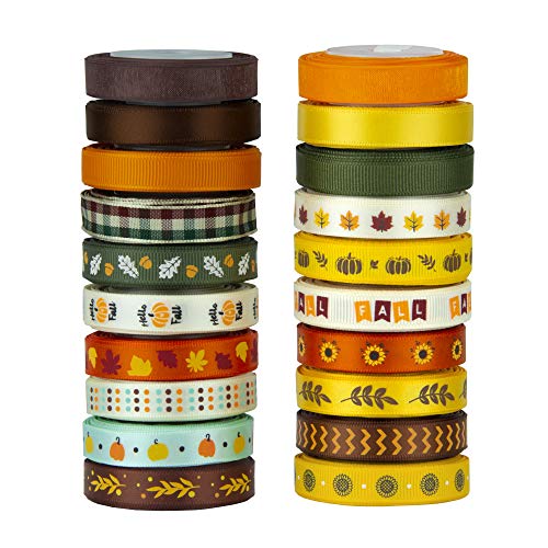 VATIN Fall Ribbon 3/8 Inch 20 Rolls X 330Fts(110Yards) Autumn Harvest Festival Ribbons Printed Grosgrain Ribbons Polyester Satin Ribbon Sheer Organze Ribbon for Gift Wrapping DIY Crafts Fall Decor