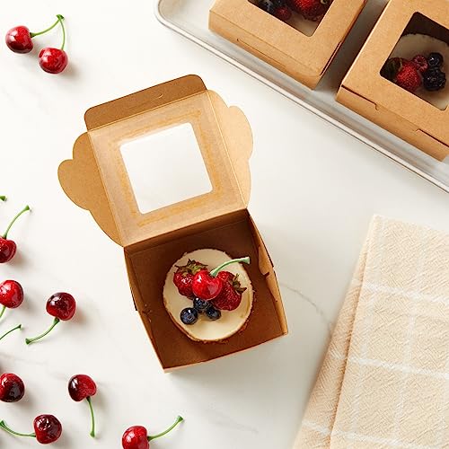 25-Pack Mini Cake Boxes with Display Window for Gift Giving, Bakesale, Cupcakes, Dessert, Cookies, Pie, Macaroons, Donuts, Pastry, Kraft Paper Material (4x4x2.5 in)