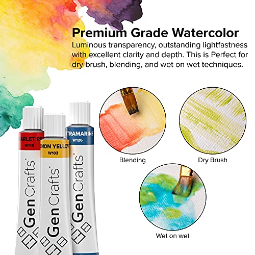 GenCrafts Watercolor Paint 24 Colors Set 12ml/ 0.4oz. - Quality Non Toxic Pigment Paints for Canvas, Fabric, Crafts, and More