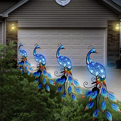 TERESA'S COLLECTIONS Outdoor Decor Peacock Yard Art with Solar Garden Stake Lights, 40" Glass Pathway Lights Lawn Ornaments for Patio, Backyard, Flowerbed, Pond, Outside Home Decorations