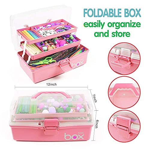 TERGOO 12in Three-Layer Multipurpose Storage Box Organizer Folding Tool Box/Art & Crafts Case/Sewing Supplies Organizer/Medicine Box/Family First Aid Box with 2 Trays (Pink)