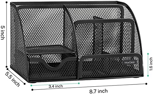 MaxGear Mesh Office Desktop Organizer with Drawer, Metal Stationary Black Desk Caddy, 6 Compartments, 8.7 x 5.5 x 5 inch, 1 Pack