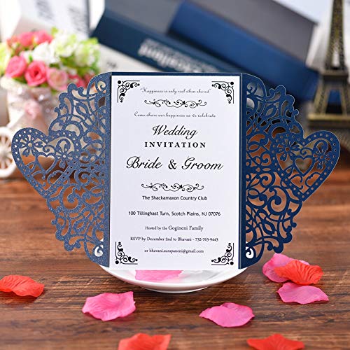 FOMTOR Laser Cut Wedding Invitations Kit 50 Packs Laser Cut Wedding Invitations with Blank Printable Paper and Envelopes for Wedding,Birthday Parties,Baby Shower (Navy Blue)