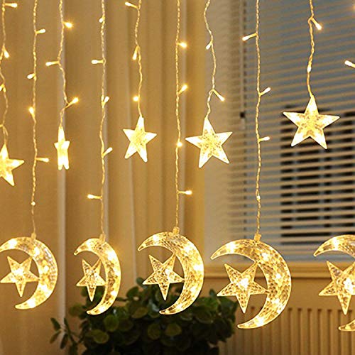 Twinkle Star 138 LED Star Moon Curtain String Lights, 8 Modes Decorations for Ramadan, Christmas, Wedding, Party, Home, Patio Lawn, Warm White (USB Powered)