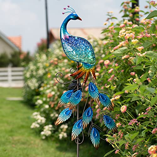 TERESA'S COLLECTIONS Outdoor Decor Peacock Yard Art with Solar Garden Stake Lights, 40" Glass Pathway Lights Lawn Ornaments for Patio, Backyard, Flowerbed, Pond, Outside Home Decorations