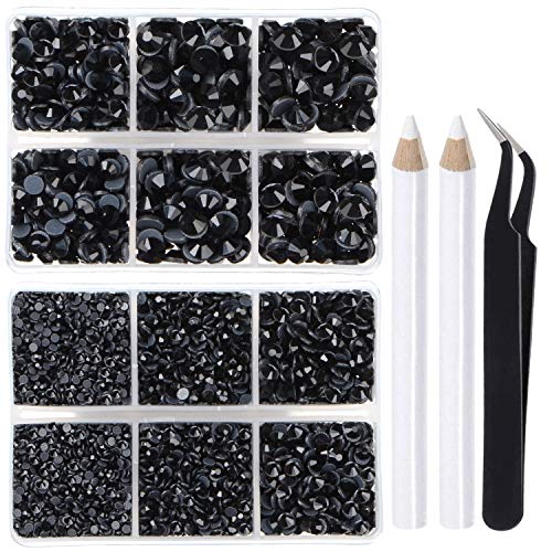 LPBeads 6400 Pieces Hotfix Rhinestones Black Flat Back 5 Mixed Sizes Crystal Round Glass Gems with Tweezers and Picking Rhinestones Pen