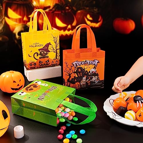 YANGTE 8 Pack Halloween Bags Trick or Treat Bags, Reusable Non-Woven Halloween Tote Bags with Handles - Ideal Gift Bags for Halloween, Halloween Supplies, Trick or Treat Halloween Party Favor Bags