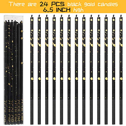 Threlaco 24 Pieces Birthday Candles Long Thin Cake Candle Cupcake Candles for Birthday Wedding Anniversary Graduation Retirement Party Decoration (Black Gold)