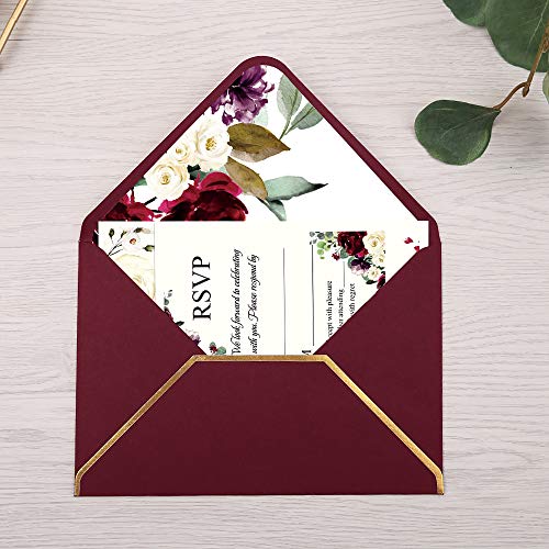 DORIS HOME 25pcs Burgundy Fill-in Invitations Cards with Burgundy Rose and Envelope with Gold Border for Wedding,Engagement Invite
